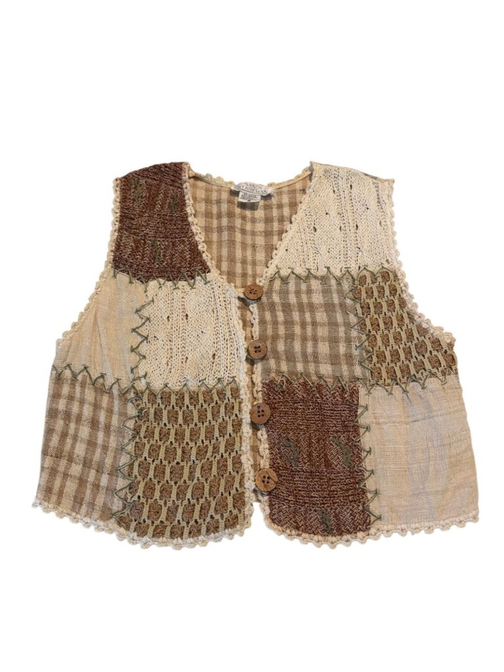 Sandy Starkman Brown Patchwork Crocheted Cotton Silk Vest Size Small - Picture 2 of 7